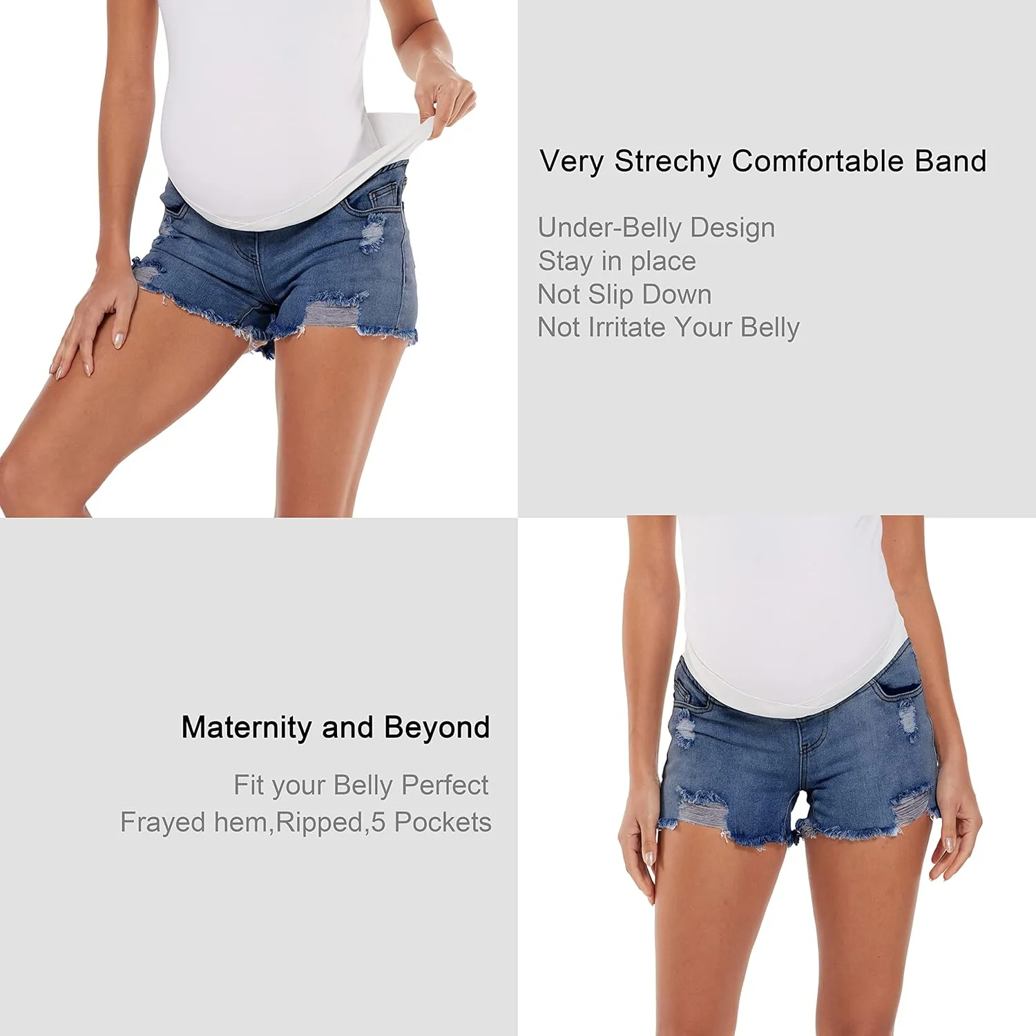 V VOCNI Maternity Jean Shorts Women's Maternity Indigo Blue Mom Tassel Secret Underbelly Denim Shorts