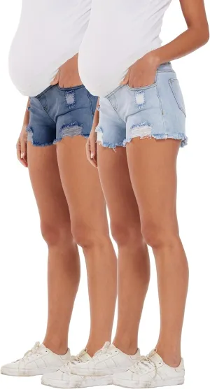 V VOCNI Maternity Jean Shorts Women's Maternity Indigo Blue Mom Tassel Secret Underbelly Denim Shorts