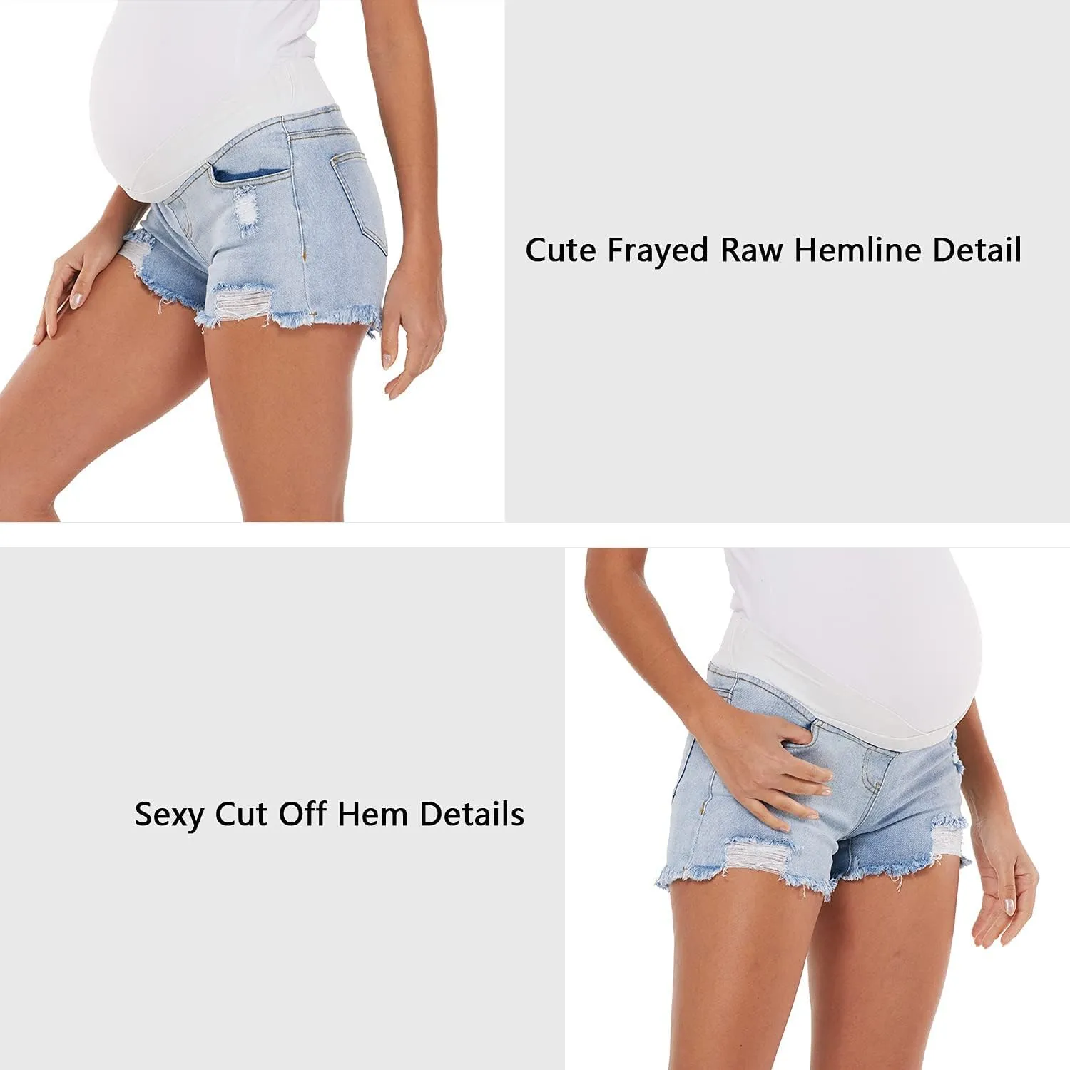 V VOCNI Maternity Jean Shorts Women's Maternity Indigo Blue Mom Tassel Secret Underbelly Denim Shorts