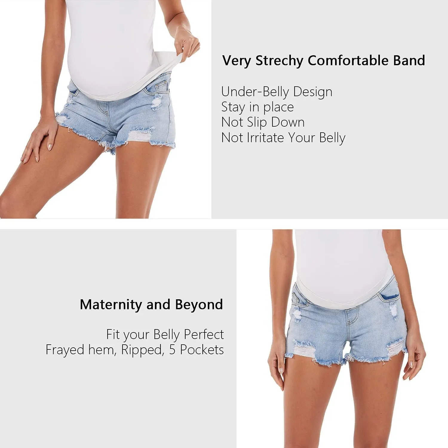 V VOCNI Maternity Jean Shorts Women's Maternity Indigo Blue Mom Tassel Secret Underbelly Denim Shorts