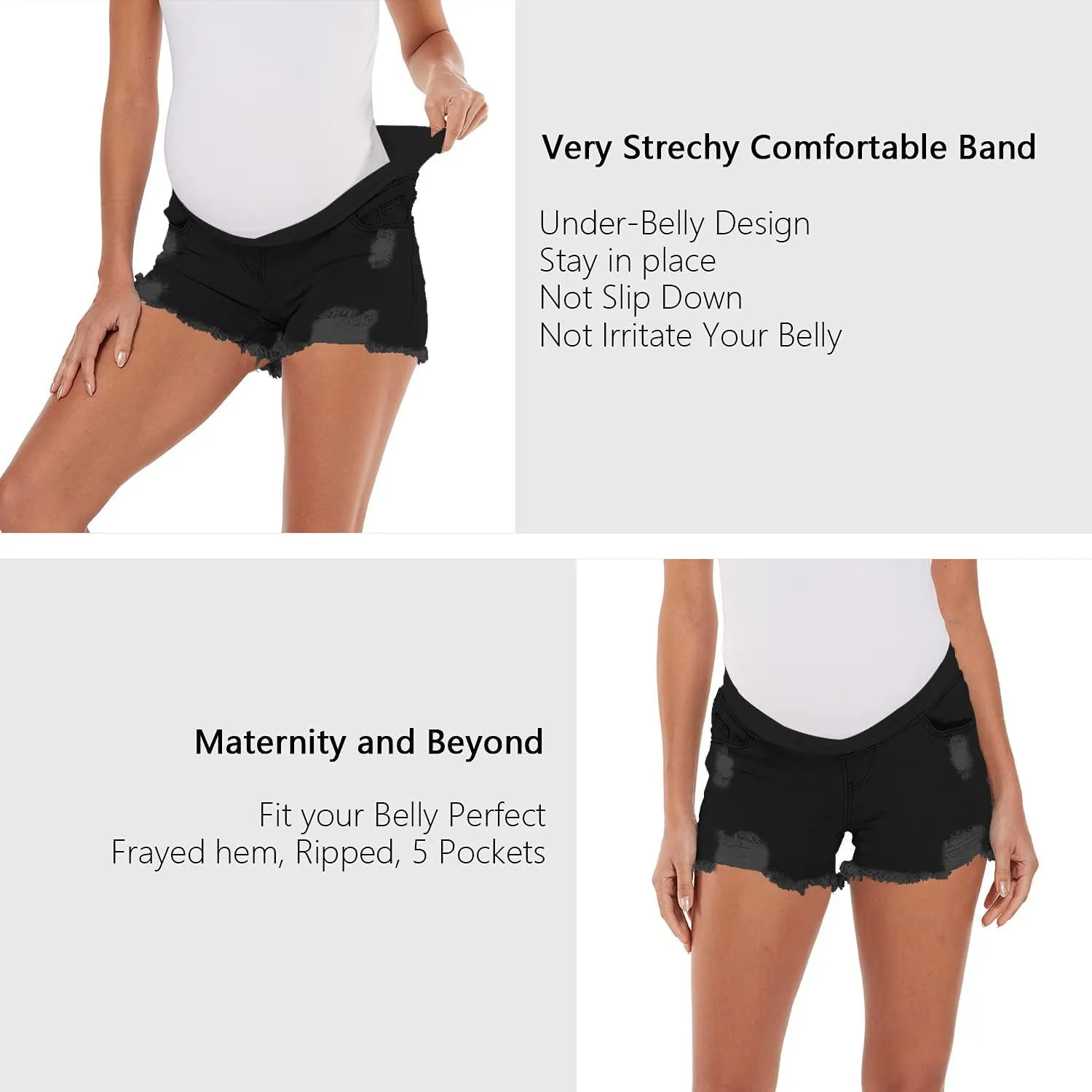 V VOCNI Maternity Jean Shorts Women's Maternity Indigo Blue Mom Tassel Secret Underbelly Denim Shorts