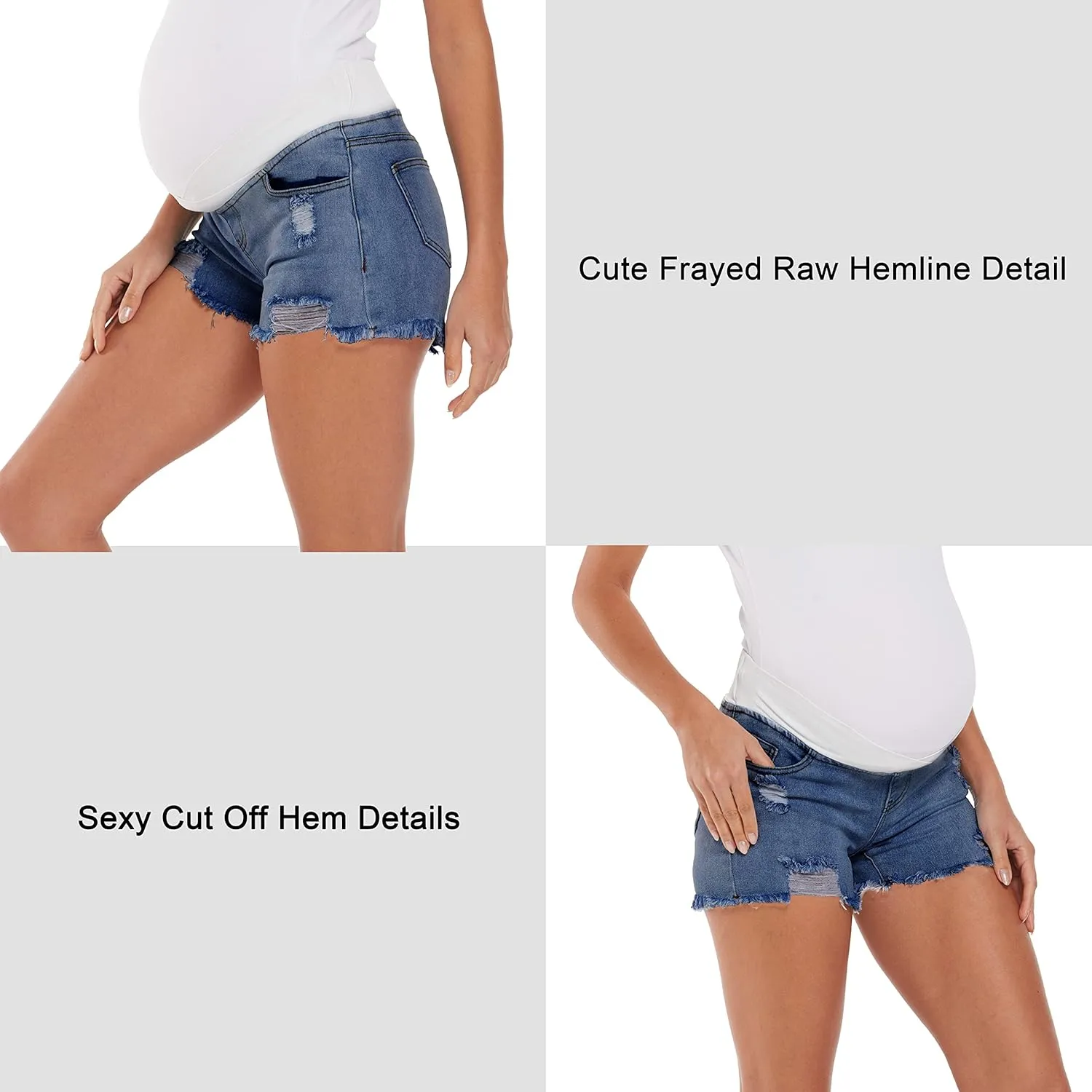 V VOCNI Maternity Jean Shorts Women's Maternity Indigo Blue Mom Tassel Secret Underbelly Denim Shorts