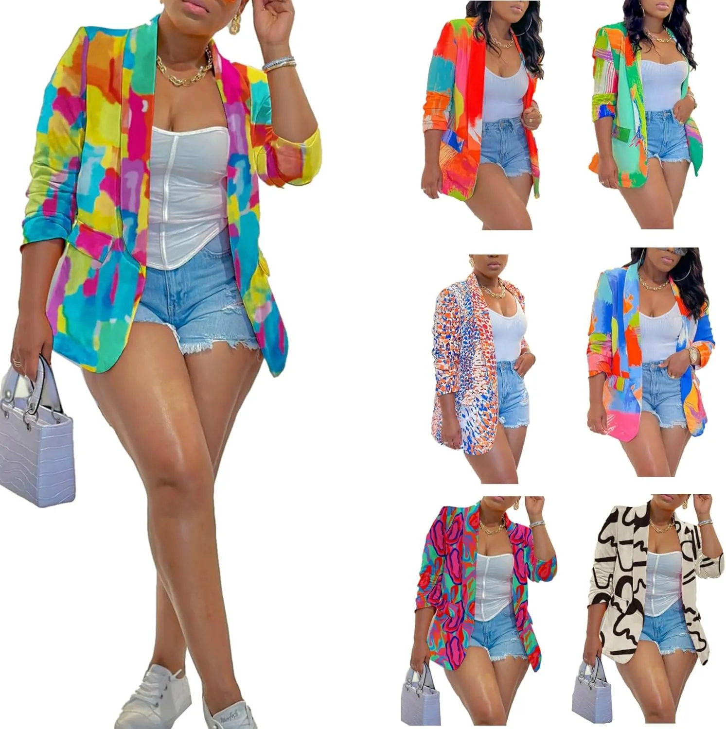 Vaceky Women's Print Blazers Ruched 3/4 Sleeve Open Front Light Weight Work Casual Suit Jackets