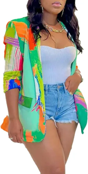 Vaceky Women's Print Blazers Ruched 3/4 Sleeve Open Front Light Weight Work Casual Suit Jackets