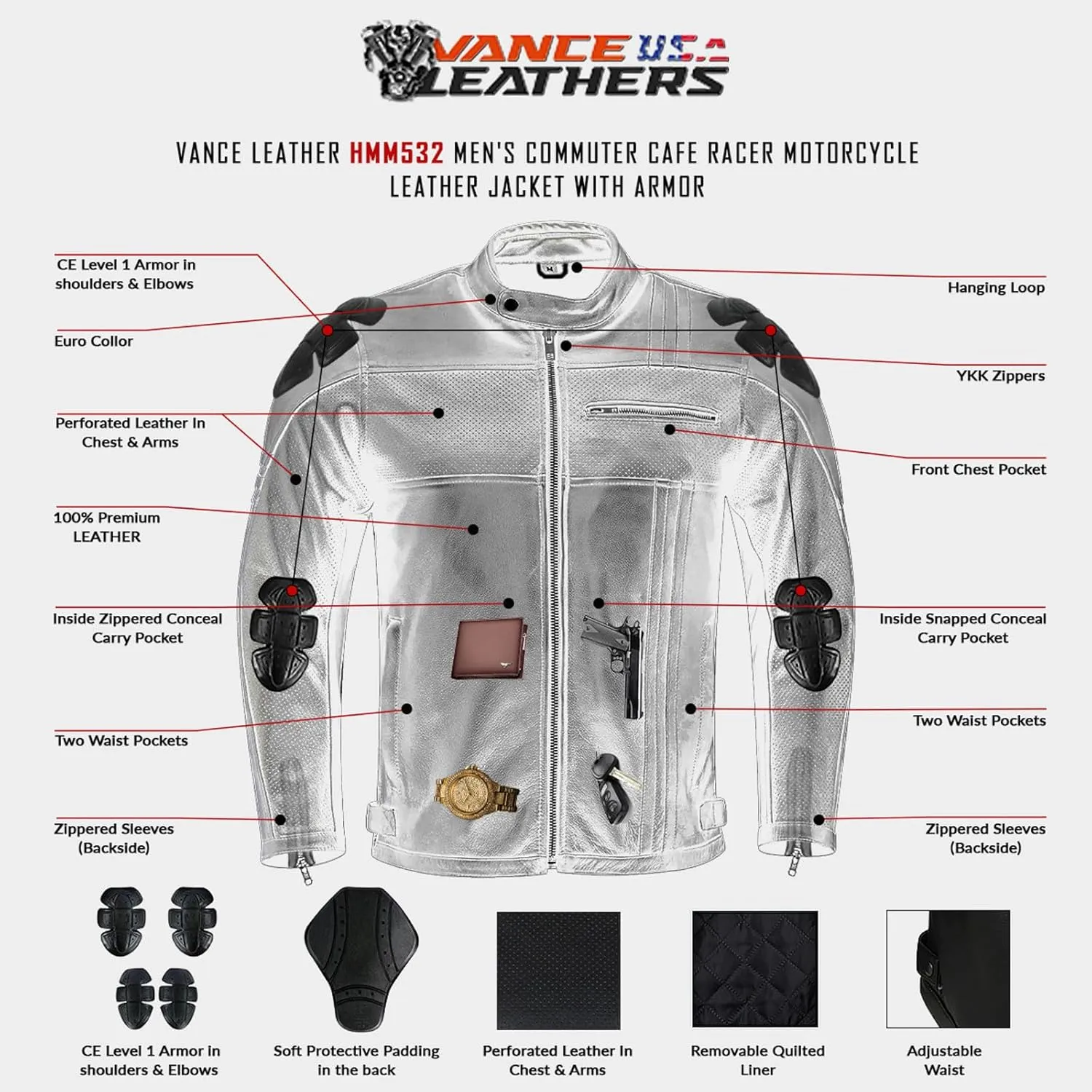 Vance Leathers' Men's Commuter Cafe Racer Motorcycle Leather Jacket with Armor