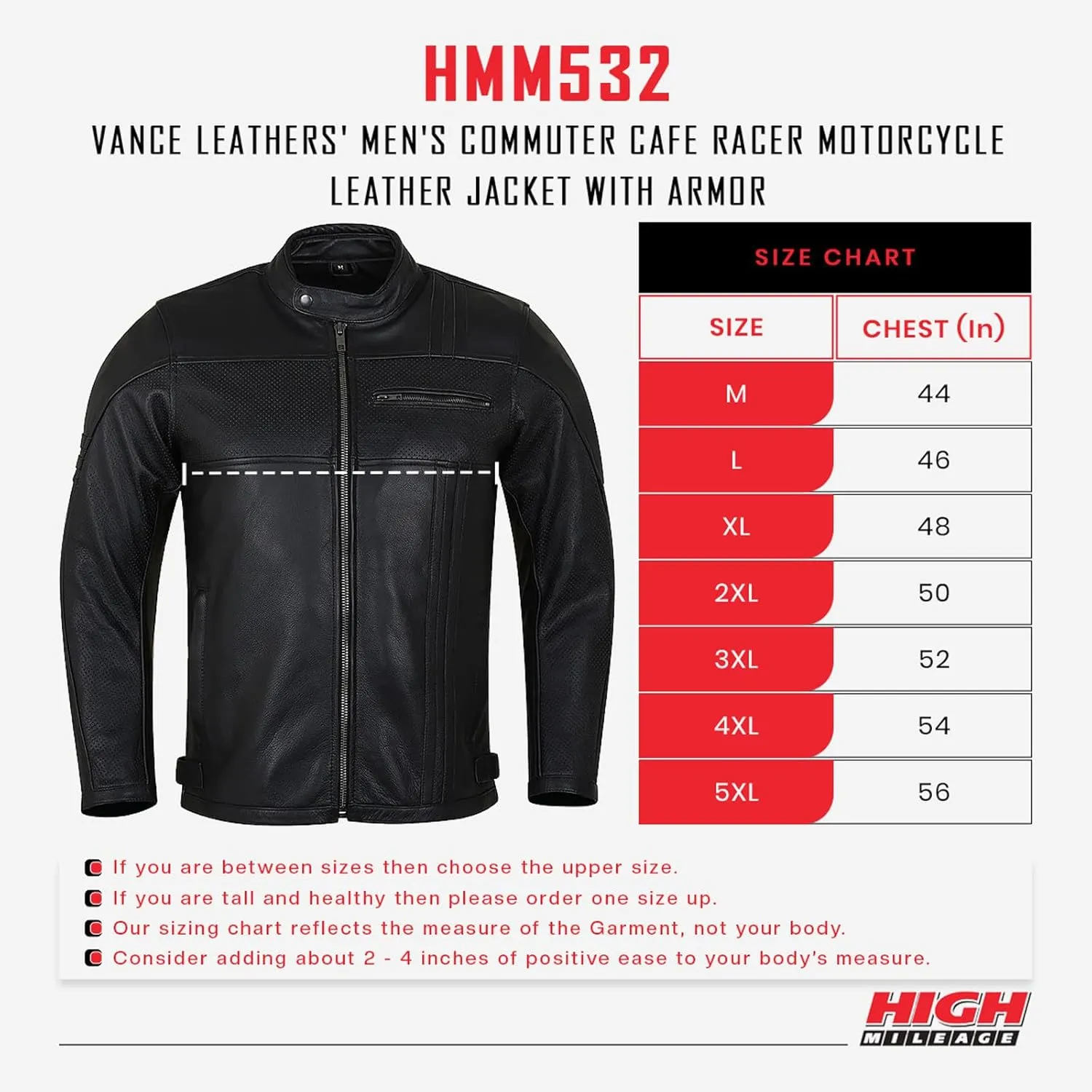 Vance Leathers' Men's Commuter Cafe Racer Motorcycle Leather Jacket with Armor