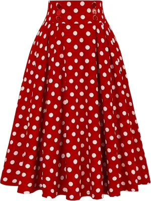 Vintage Polka Dot Skirt for Women High Elastic Waist Pleated Flare Midi Long Skirt Button Party A-Line Swing Skirts