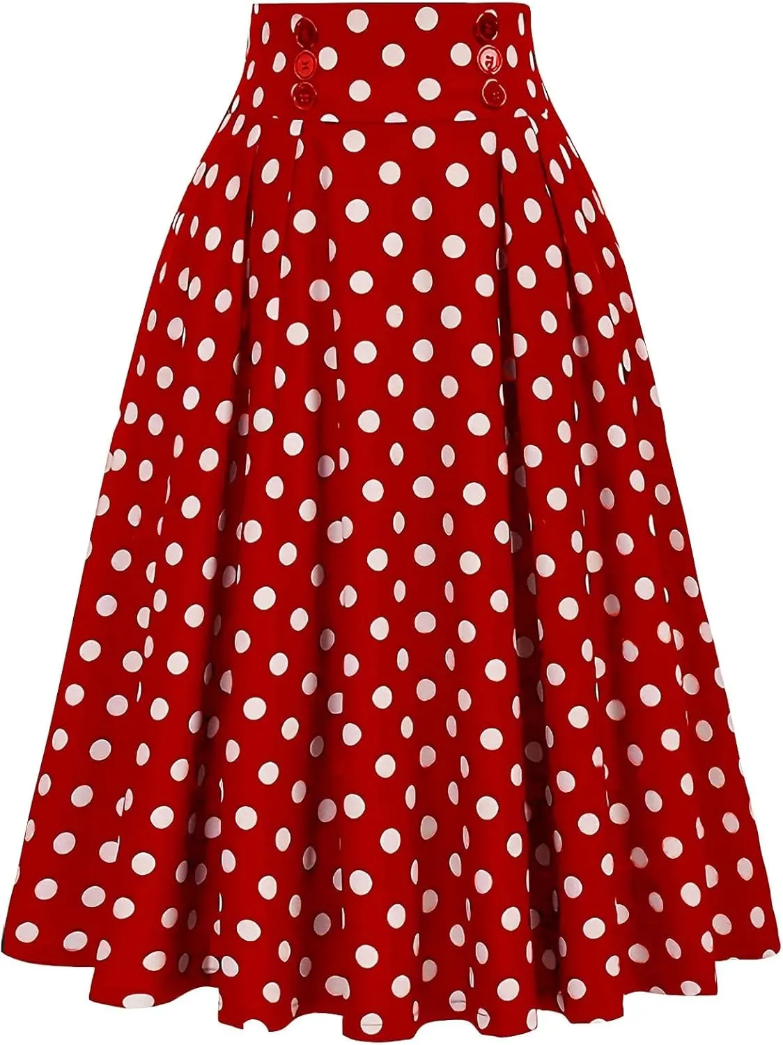 Vintage Polka Dot Skirt for Women High Elastic Waist Pleated Flare Midi Long Skirt Button Party A-Line Swing Skirts