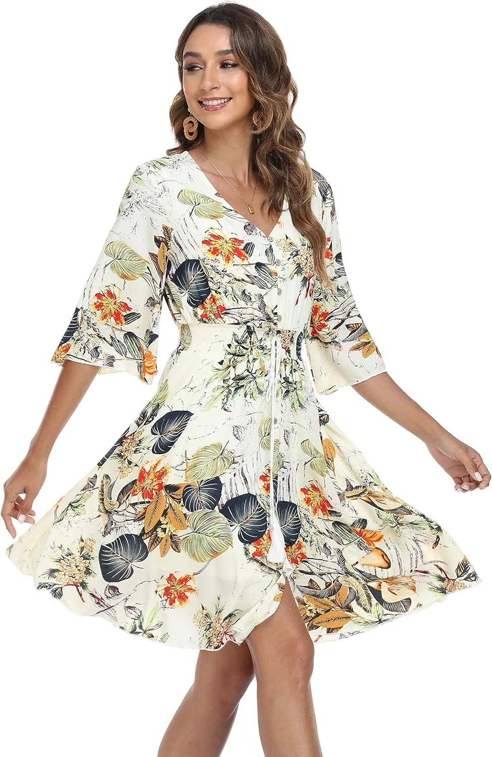 VintageClothing Women's Floral Sundresses Flowy Boho Summer Casual Beach Dress Button Up Midi Party Dress