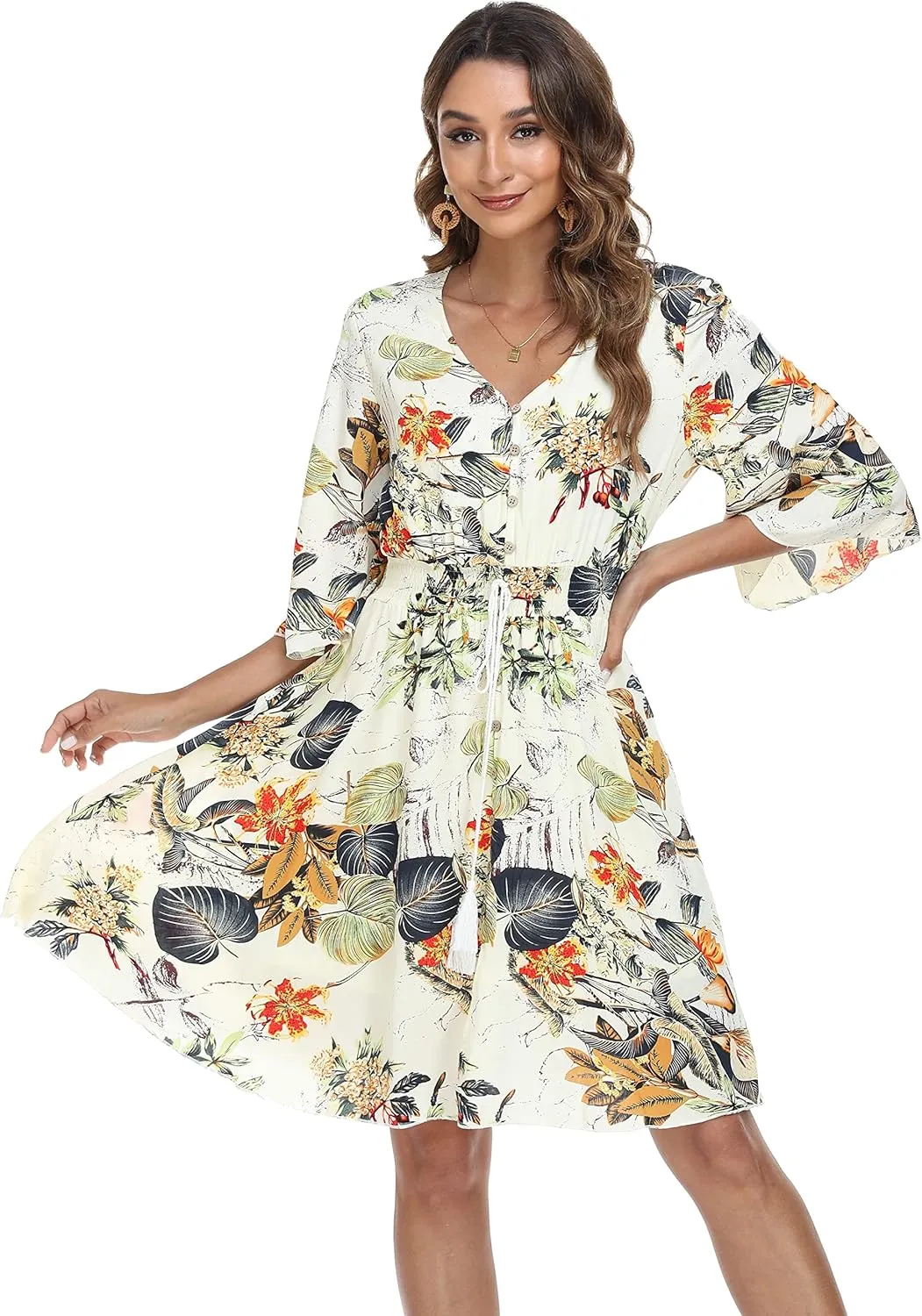 VintageClothing Women's Floral Sundresses Flowy Boho Summer Casual Beach Dress Button Up Midi Party Dress