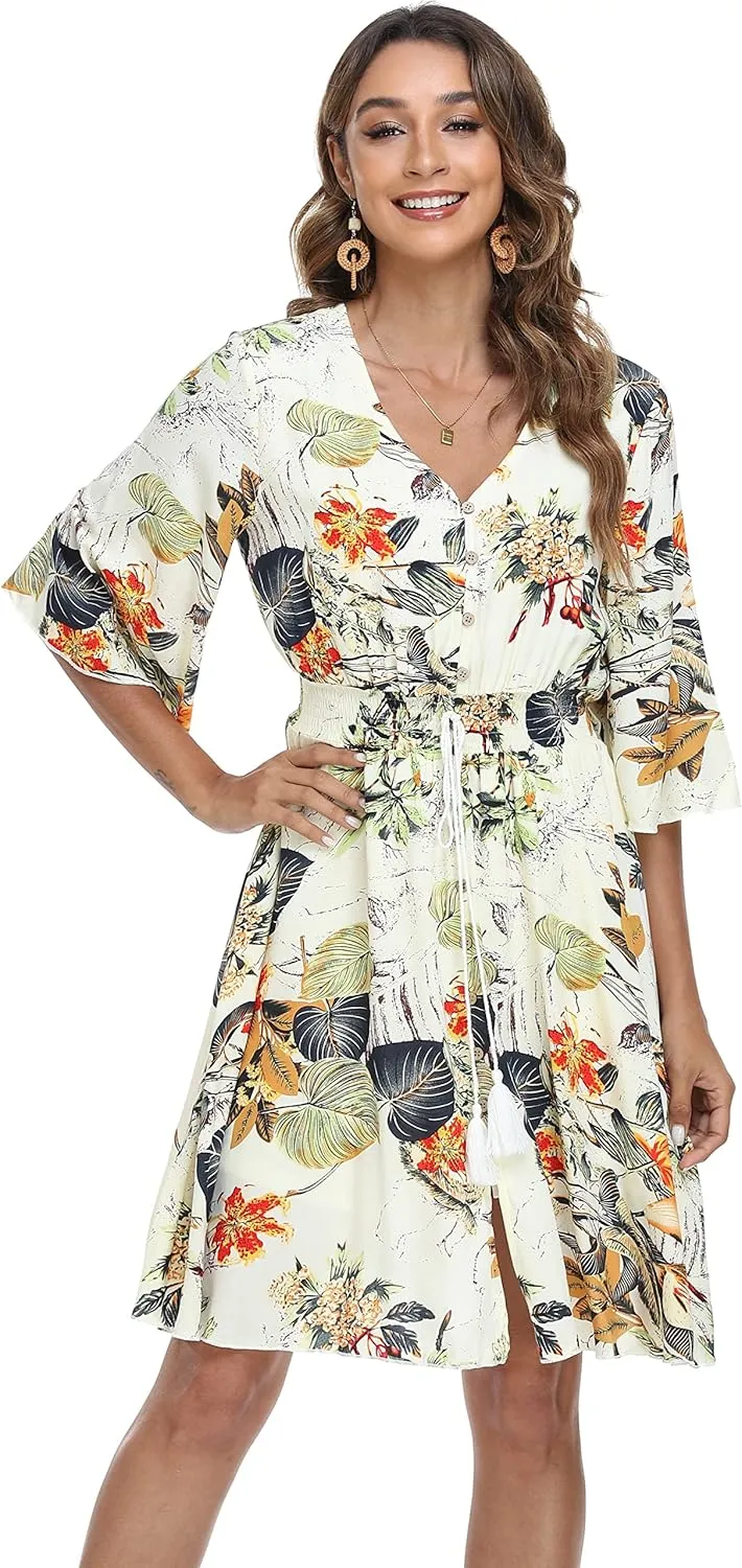VintageClothing Women's Floral Sundresses Flowy Boho Summer Casual Beach Dress Button Up Midi Party Dress