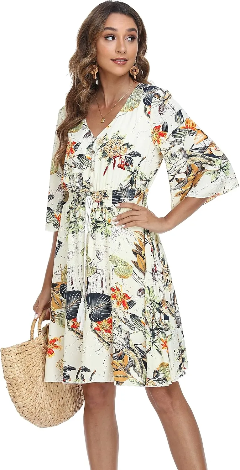VintageClothing Women's Floral Sundresses Flowy Boho Summer Casual Beach Dress Button Up Midi Party Dress