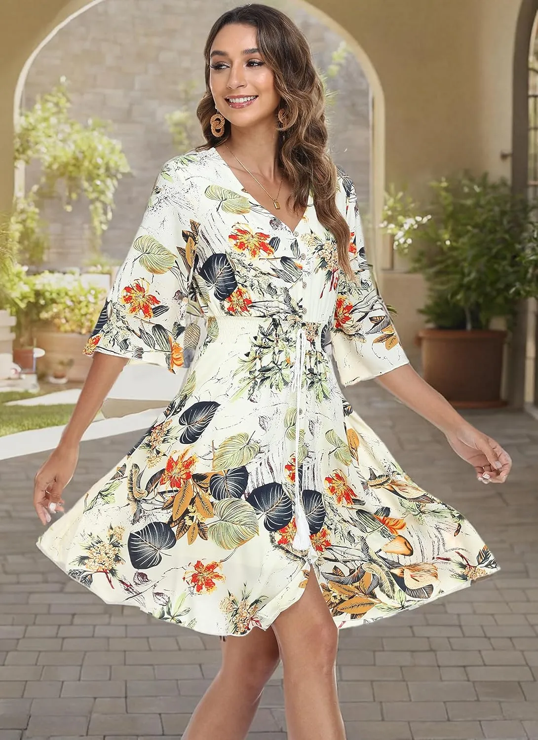 VintageClothing Women's Floral Sundresses Flowy Boho Summer Casual Beach Dress Button Up Midi Party Dress