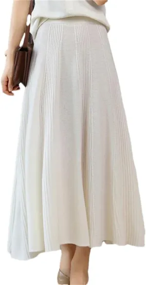 Vsadsau Women's Wool Knitted Pleated Skirt Solid Color A-Line Elastic Waist Loose Midi Skirts One Size#164