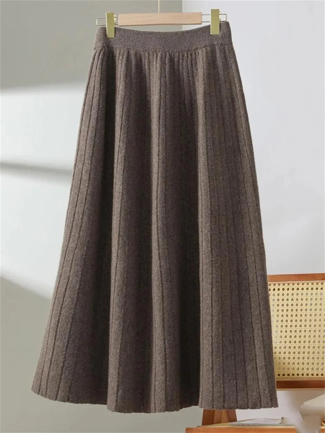 Vsadsau Women's Wool Pleated Knitted Skirt Elastic Waist A Line Solid Color Loose Midi Skirts