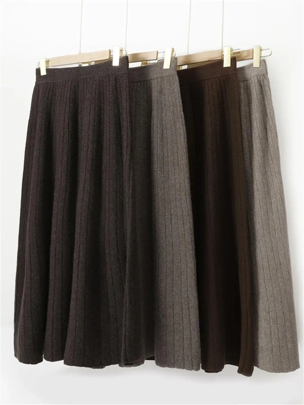 Vsadsau Women's Wool Pleated Knitted Skirt Elastic Waist A Line Solid Color Loose Midi Skirts