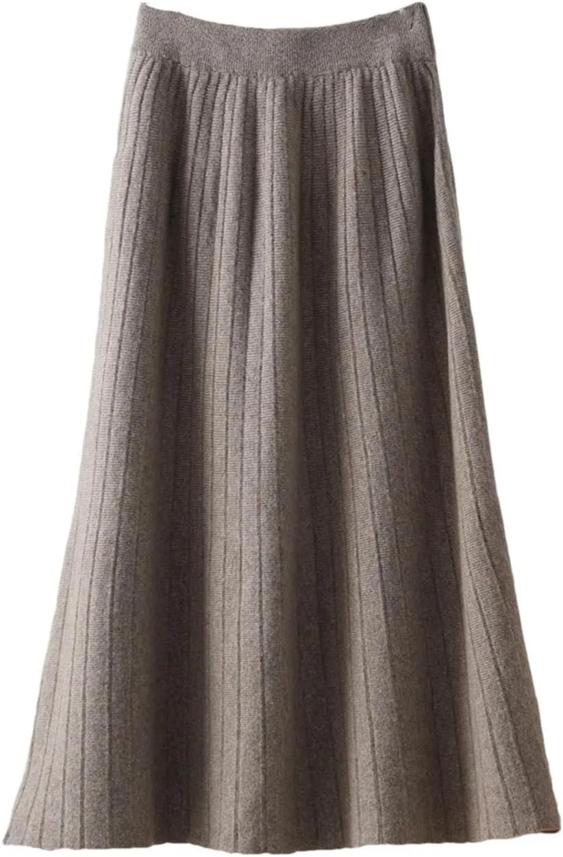 Vsadsau Women's Wool Pleated Knitted Skirt Elastic Waist A Line Solid Color Loose Midi Skirts