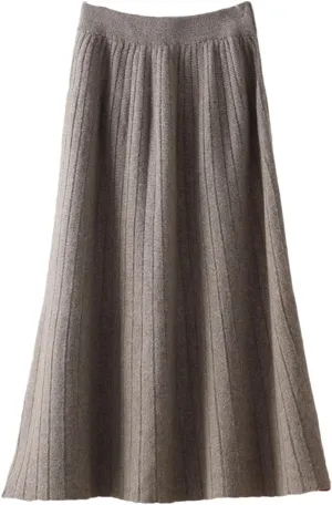 Vsadsau Women's Wool Pleated Knitted Skirt Elastic Waist A Line Solid Color Loose Midi Skirts