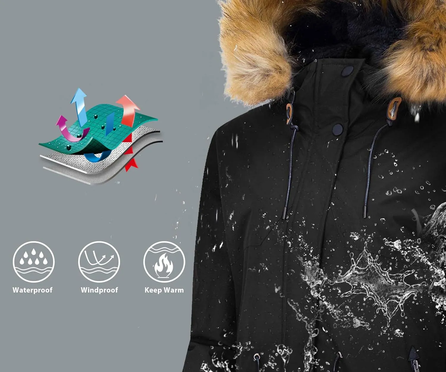 wantdo Women's Waterproof Ski Jacket Hooded Winter Snow Coat Mountain Snowboarding Jackets Insulated Fleece Parka