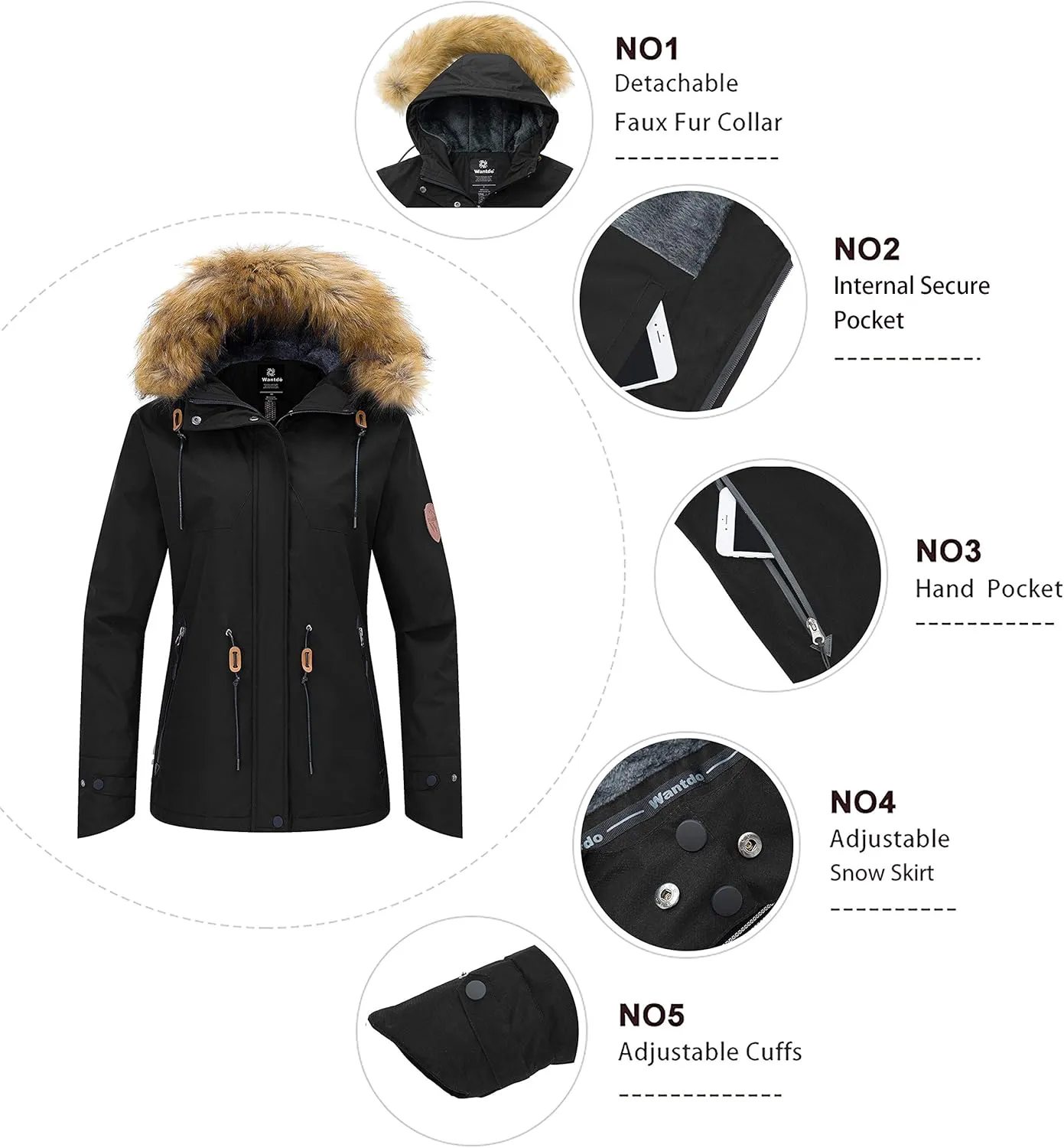 wantdo Women's Waterproof Ski Jacket Hooded Winter Snow Coat Mountain Snowboarding Jackets Insulated Fleece Parka