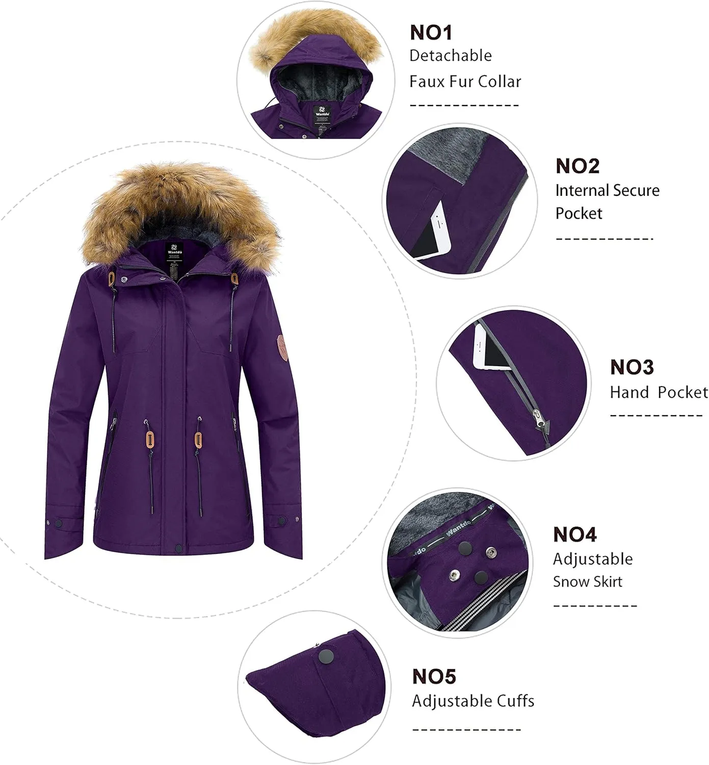 wantdo Women's Waterproof Ski Jacket Hooded Winter Snow Coat Mountain Snowboarding Jackets Insulated Fleece Parka