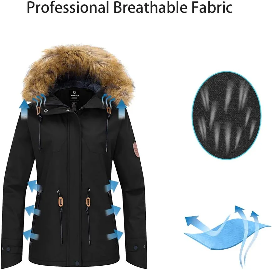 wantdo Women's Waterproof Ski Jacket Hooded Winter Snow Coat Mountain Snowboarding Jackets Insulated Fleece Parka