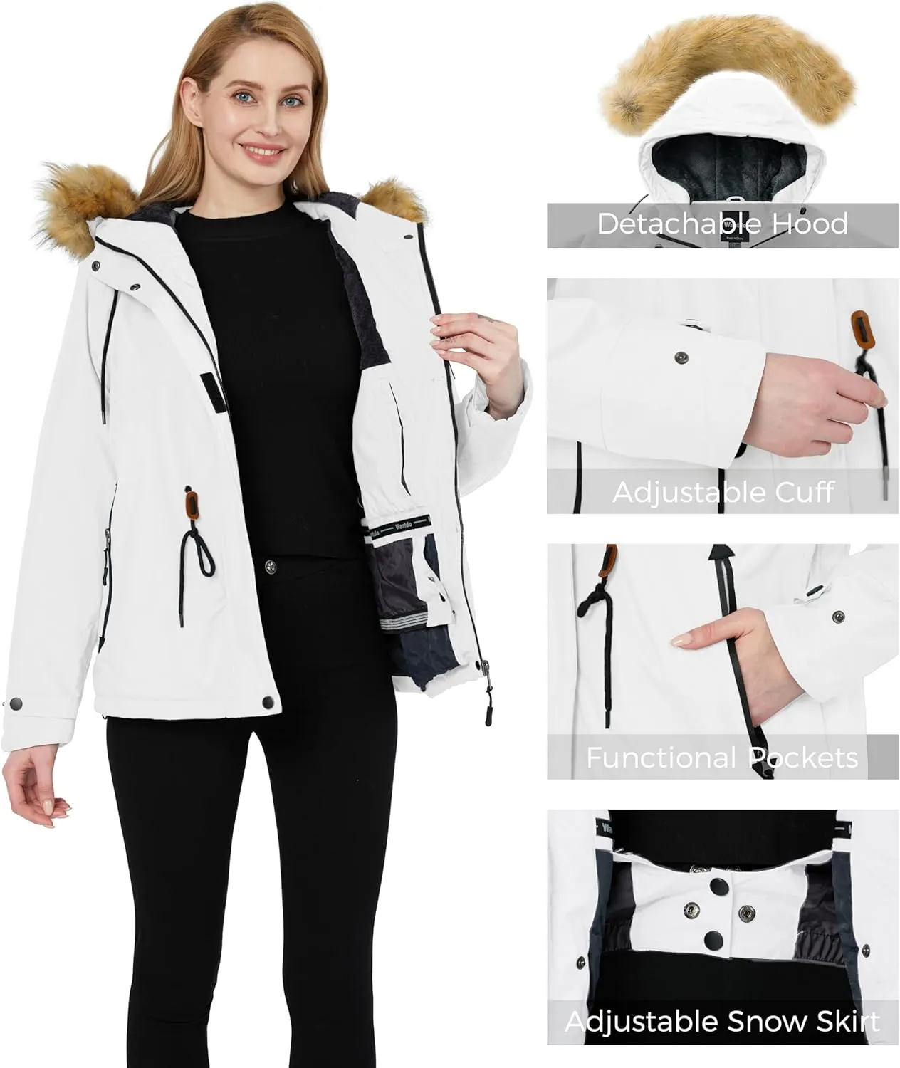 wantdo Women's Waterproof Ski Jacket Hooded Winter Snow Coat Mountain Snowboarding Jackets Insulated Fleece Parka