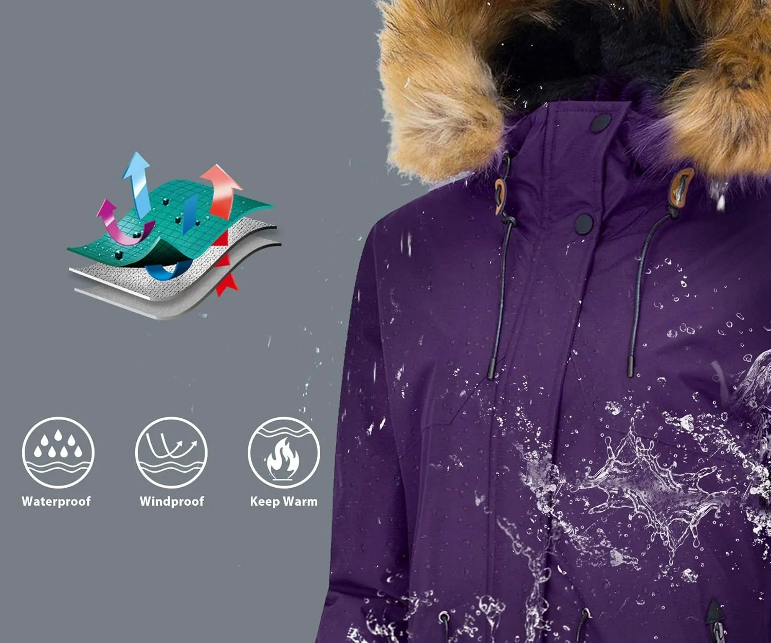 wantdo Women's Waterproof Ski Jacket Hooded Winter Snow Coat Mountain Snowboarding Jackets Insulated Fleece Parka