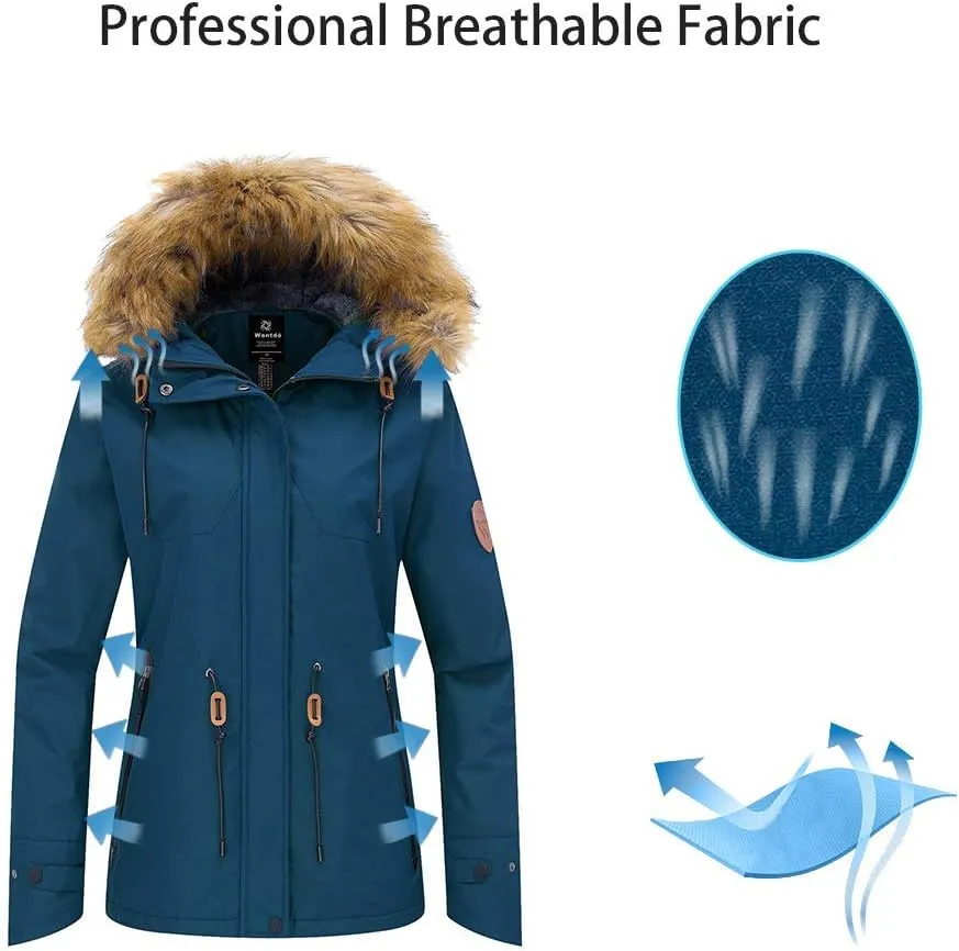 wantdo Women's Waterproof Ski Jacket Hooded Winter Snow Coat Mountain Snowboarding Jackets Insulated Fleece Parka