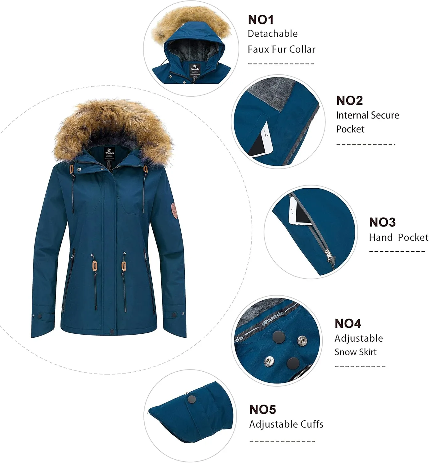 wantdo Women's Waterproof Ski Jacket Hooded Winter Snow Coat Mountain Snowboarding Jackets Insulated Fleece Parka