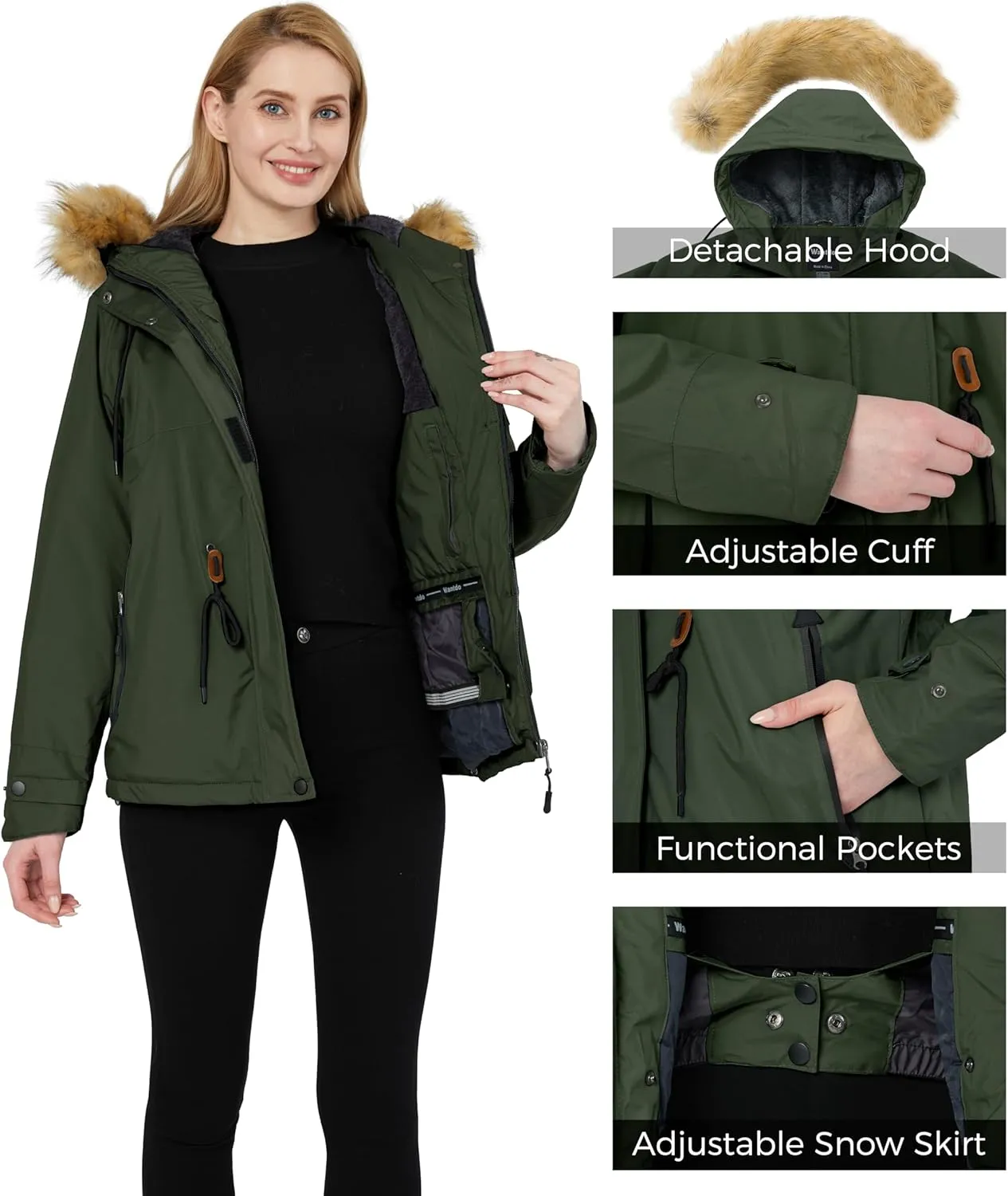 wantdo Women's Waterproof Ski Jacket Hooded Winter Snow Coat Mountain Snowboarding Jackets Insulated Fleece Parka