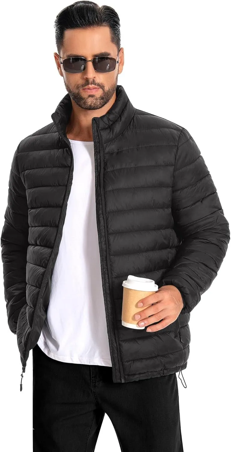 WHN Men's Puffer Jacket Lightweight Winter Waterproof Windproof Stand Collar Full Zipper Coat with 3 Pockets