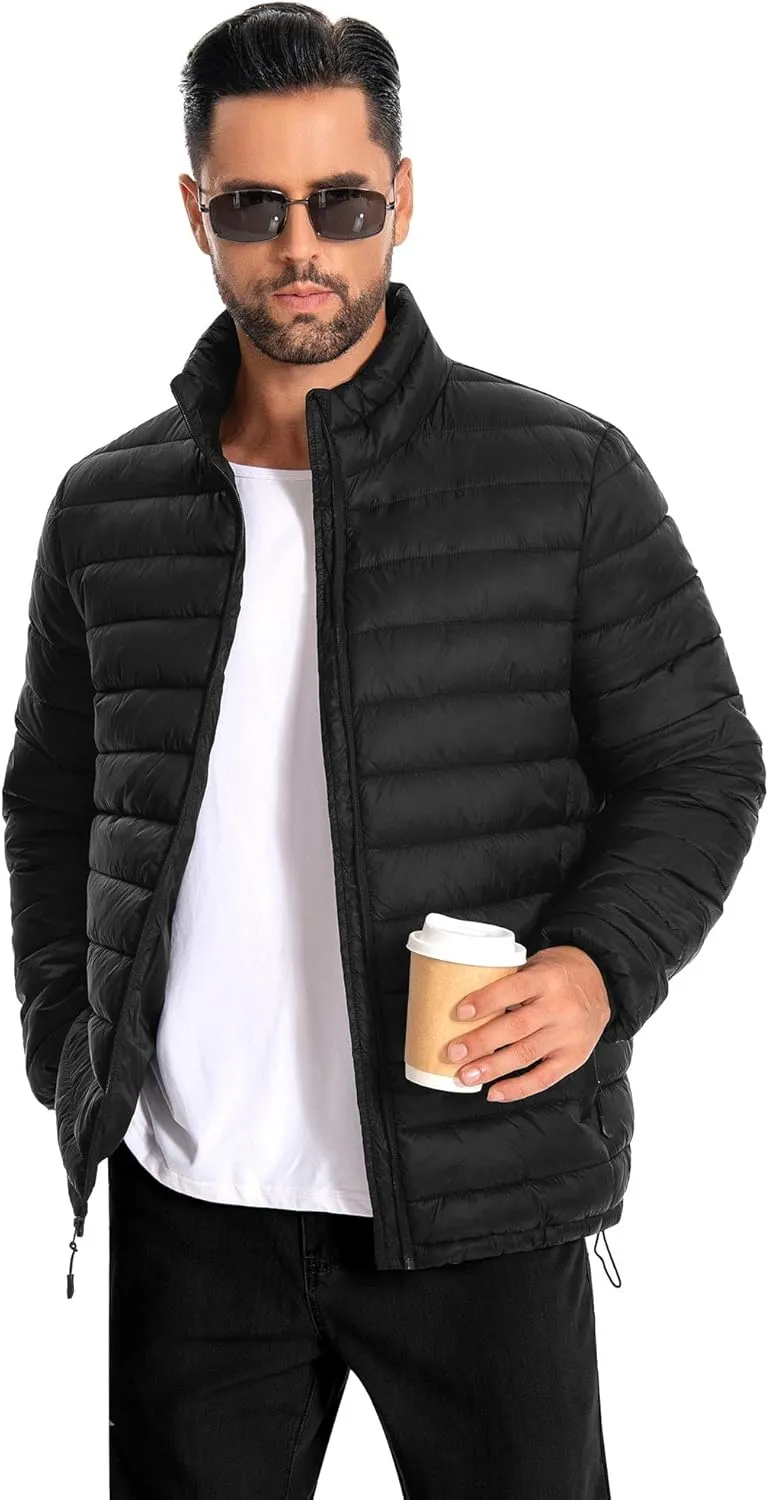 WHN Men's Puffer Jacket Lightweight Winter Waterproof Windproof Stand Collar Full Zipper Coat with 3 Pockets