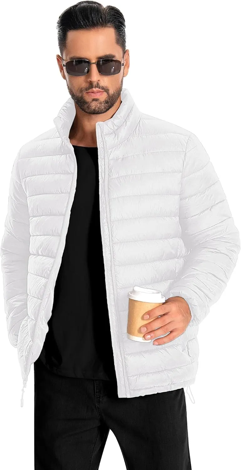 WHN Men's Puffer Jacket Lightweight Winter Waterproof Windproof Stand Collar Full Zipper Coat with 3 Pockets