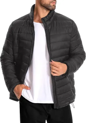 WHN Men's Puffer Jacket Lightweight Winter Waterproof Windproof Stand Collar Full Zipper Coat with 3 Pockets