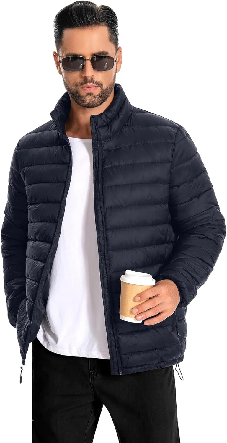 WHN Men's Puffer Jacket Lightweight Winter Waterproof Windproof Stand Collar Full Zipper Coat with 3 Pockets