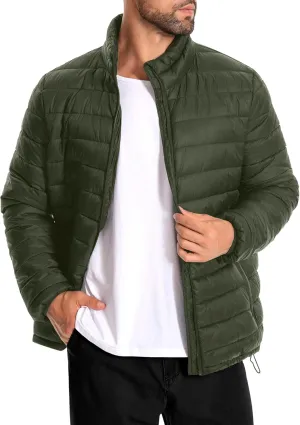 WHN Men's Puffer Jacket Lightweight Winter Waterproof Windproof Stand Collar Full Zipper Coat with 3 Pockets