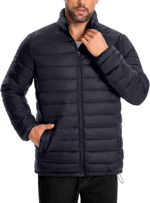 WHN Men's Puffer Jacket Lightweight Winter Waterproof Windproof Stand Collar Full Zipper Coat with 3 Pockets