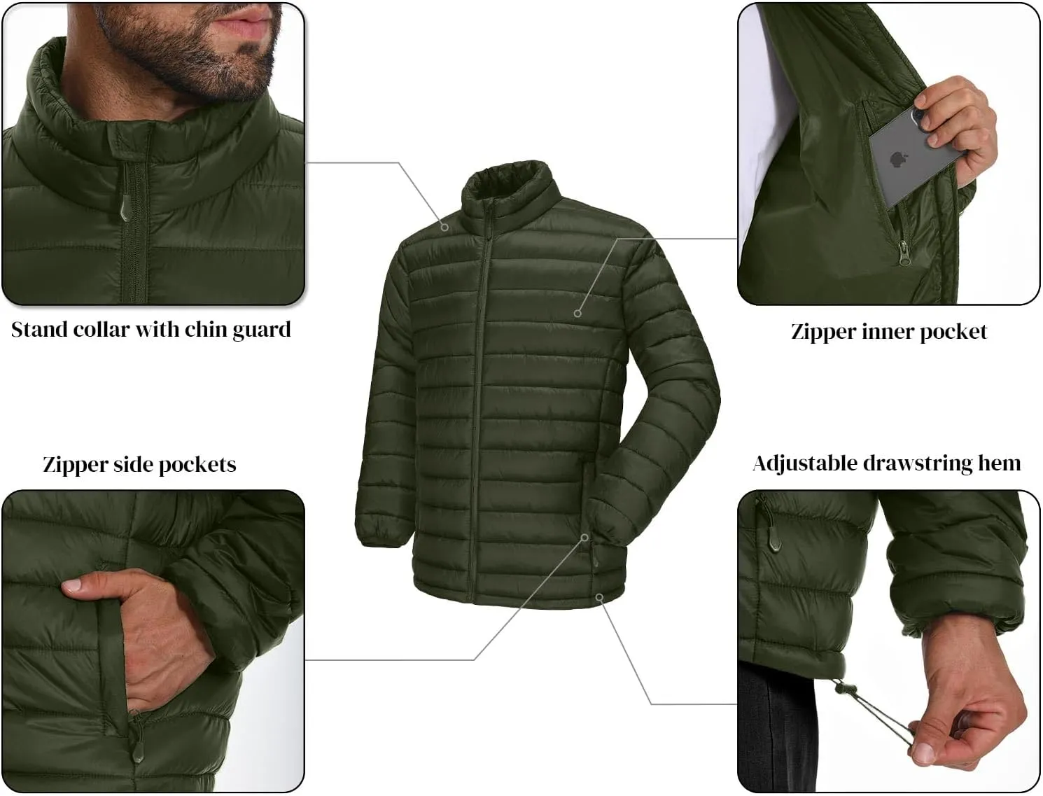 WHN Men's Puffer Jacket Lightweight Winter Waterproof Windproof Stand Collar Full Zipper Coat with 3 Pockets