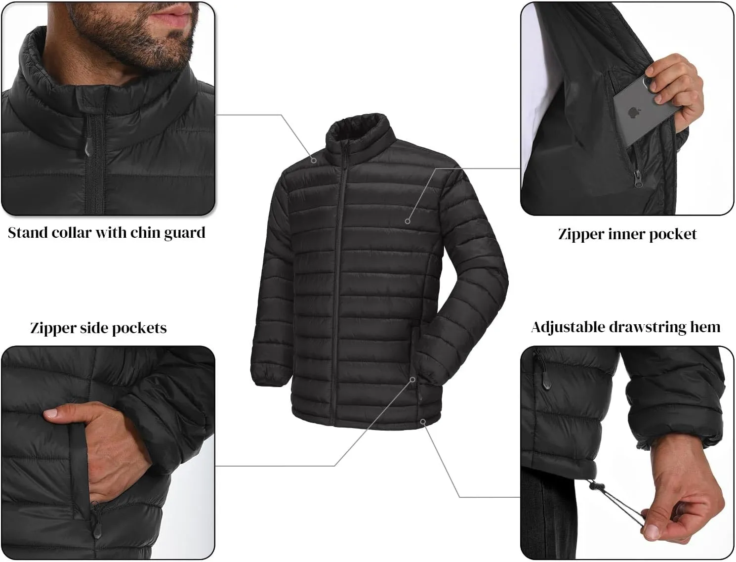 WHN Men's Puffer Jacket Lightweight Winter Waterproof Windproof Stand Collar Full Zipper Coat with 3 Pockets
