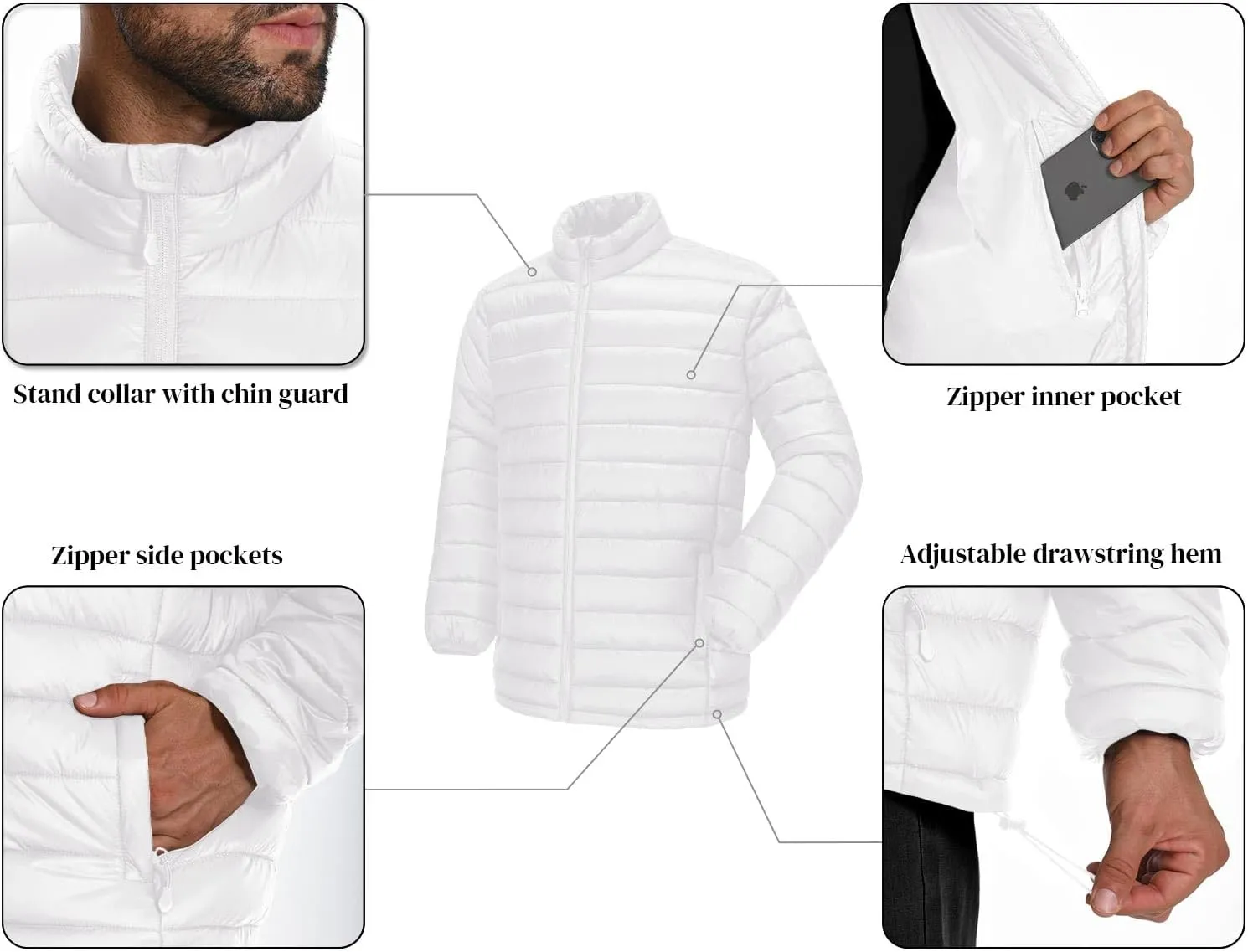 WHN Men's Puffer Jacket Lightweight Winter Waterproof Windproof Stand Collar Full Zipper Coat with 3 Pockets