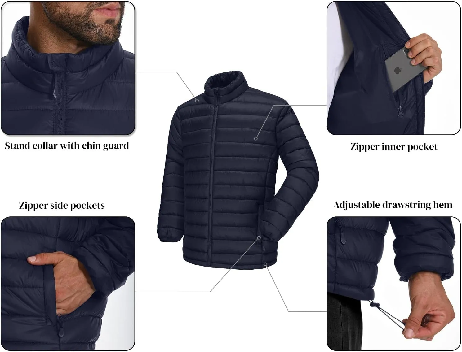 WHN Men's Puffer Jacket Lightweight Winter Waterproof Windproof Stand Collar Full Zipper Coat with 3 Pockets