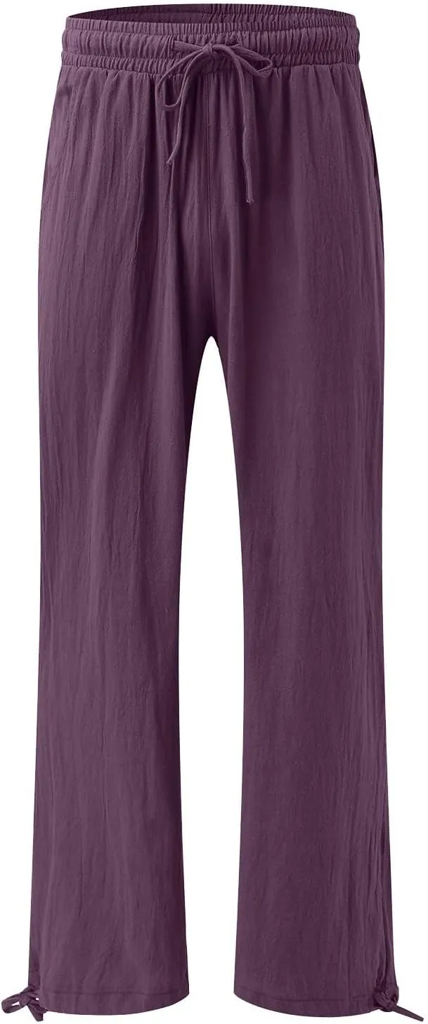 Wide Leg Pants Woman Linen High Waisted Solid Flowy Casual Baggy Drawstring Palazzo Trousers Pants with Pockets