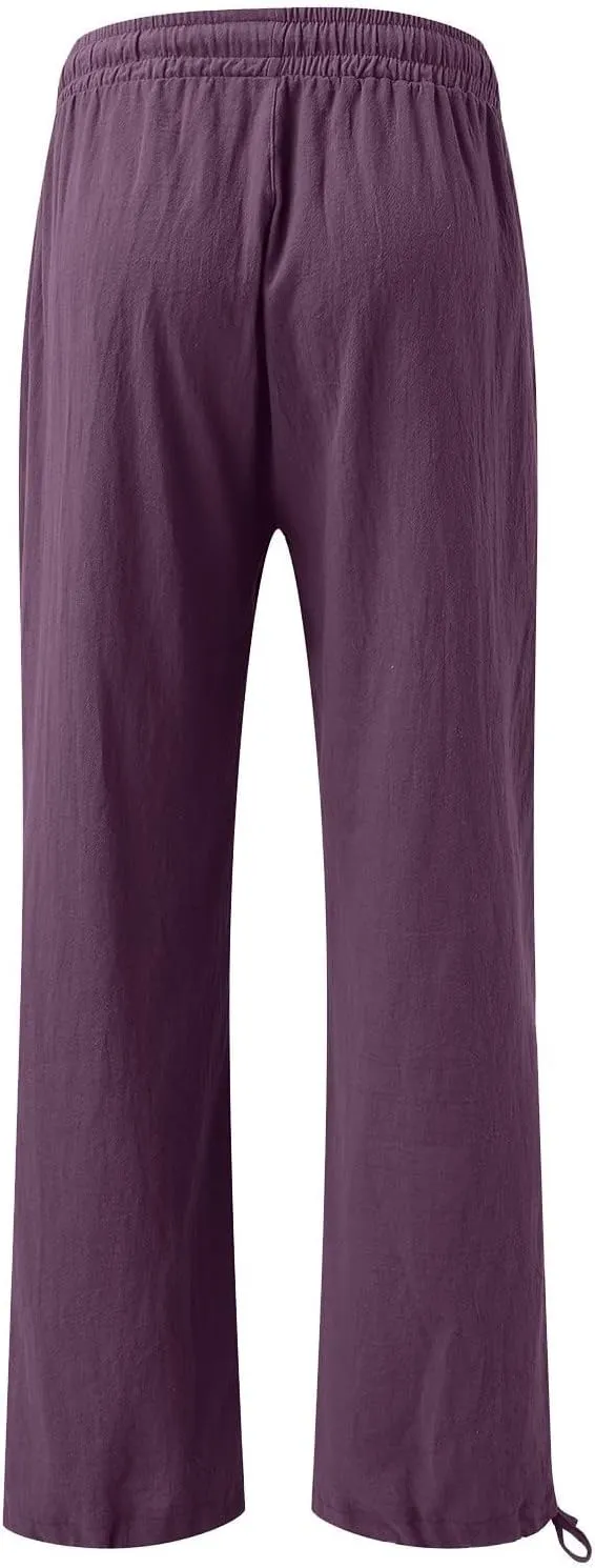 Wide Leg Pants Woman Linen High Waisted Solid Flowy Casual Baggy Drawstring Palazzo Trousers Pants with Pockets