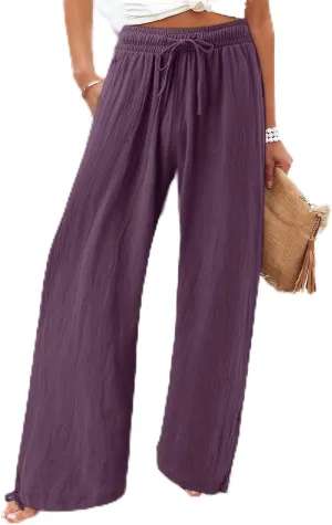 Wide Leg Pants Woman Linen High Waisted Solid Flowy Casual Baggy Drawstring Palazzo Trousers Pants with Pockets