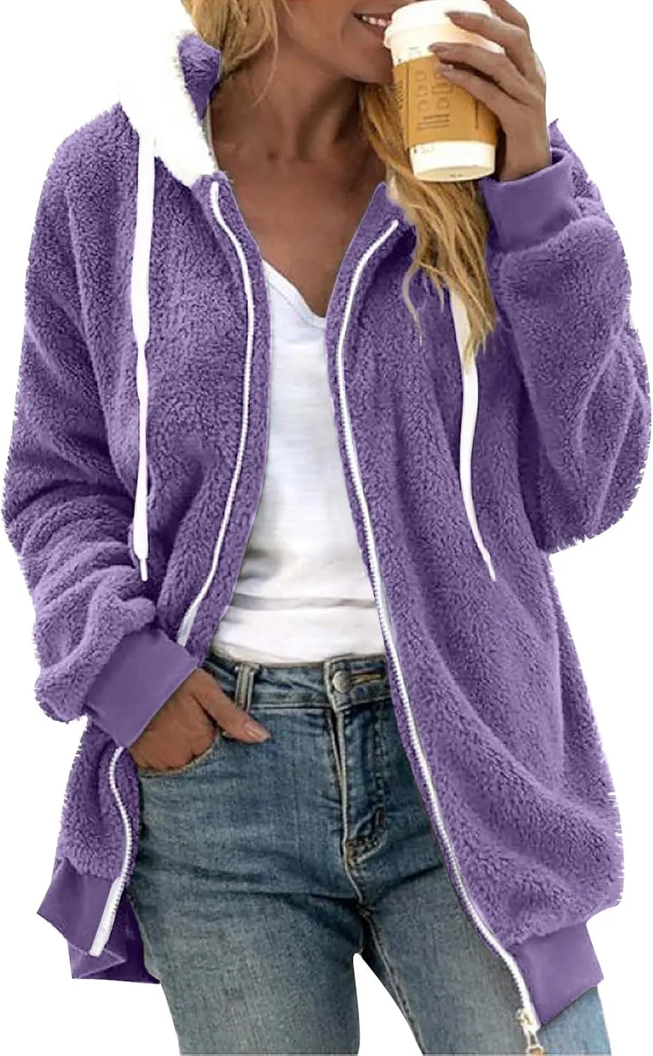 Winter Coats for Women Plus Size Fuzzy Sherpa Jacket Hoodies Color Block Warm Faux Fur Coat Outerwear with Pocket S-5X