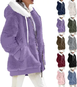 Winter Coats for Women Plus Size Fuzzy Sherpa Jacket Hoodies Color Block Warm Faux Fur Coat Outerwear with Pocket S-5X