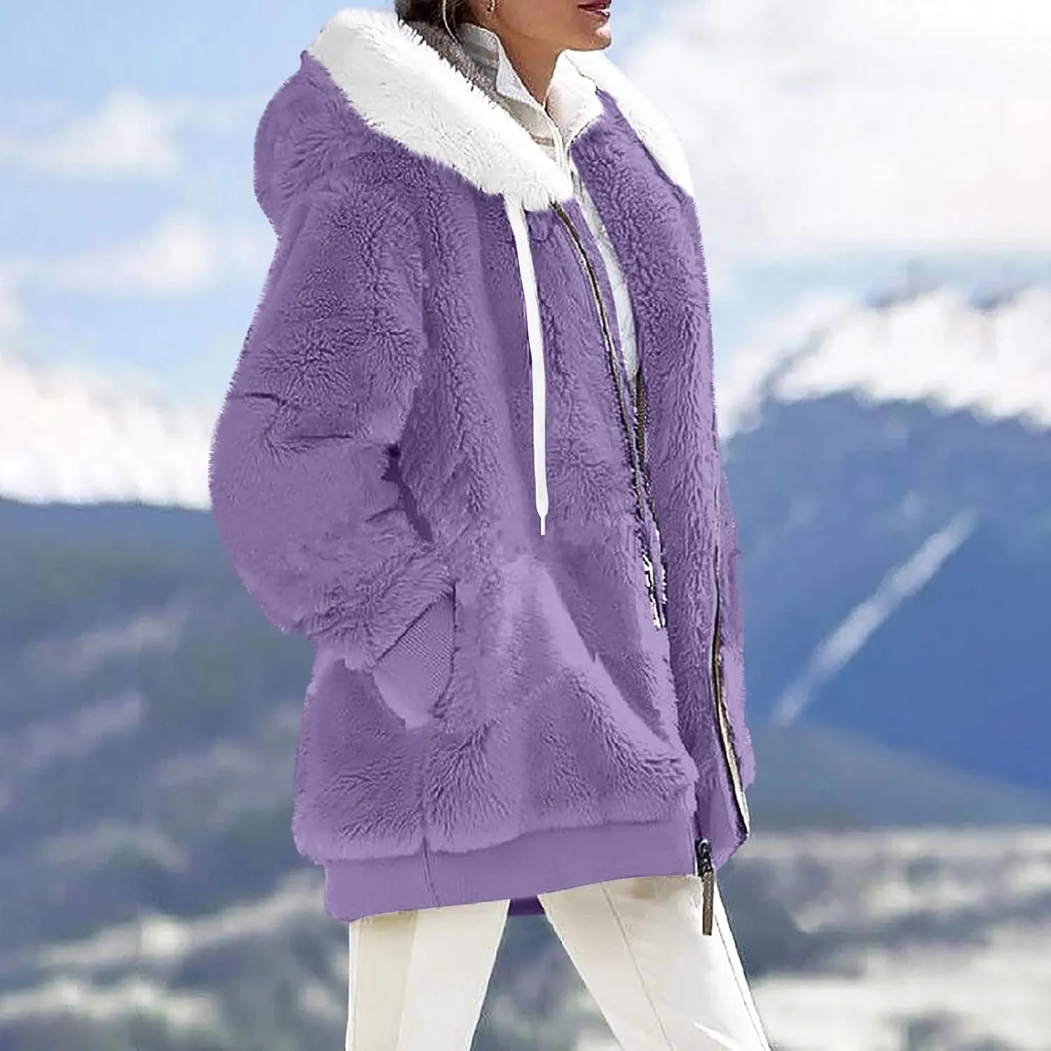 Winter Coats for Women Plus Size Fuzzy Sherpa Jacket Hoodies Color Block Warm Faux Fur Coat Outerwear with Pocket S-5X