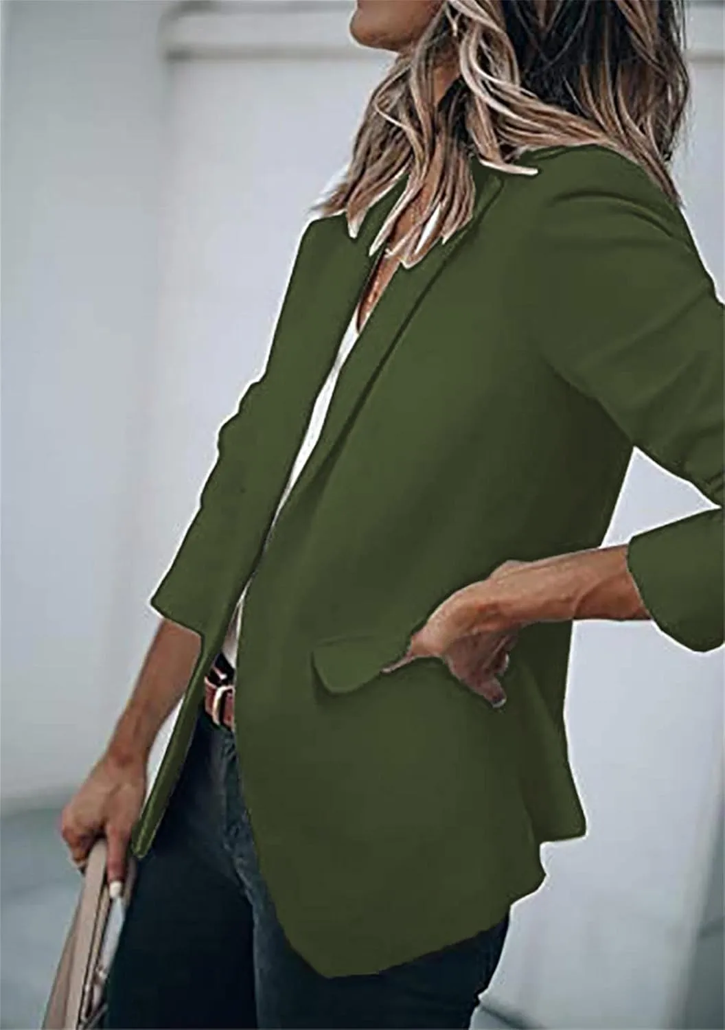 WIWIQS Women's Long Sleeve Open Front Blazer Lapel Work Office Casual Suit Solid Color Comfy Blazers