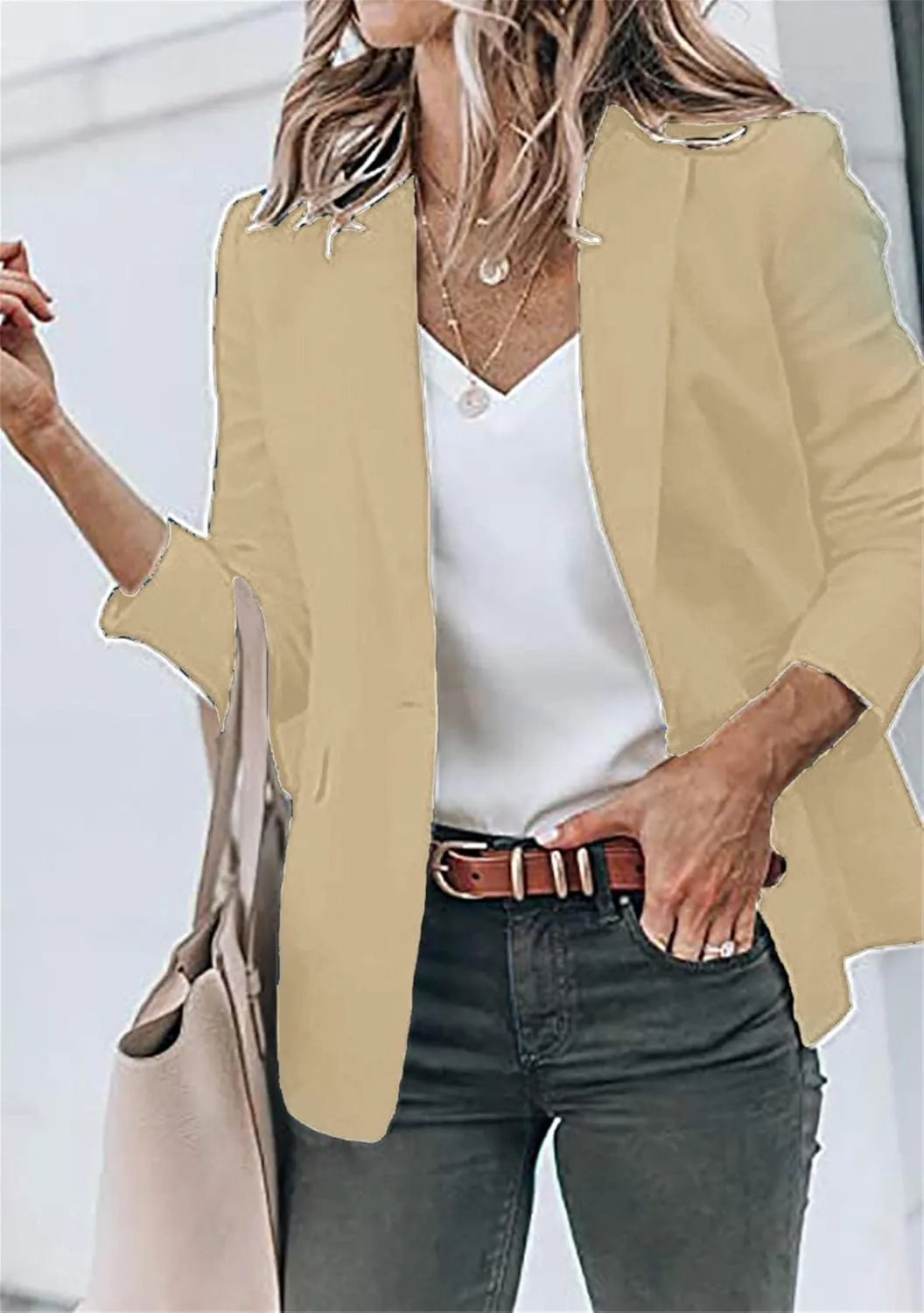 WIWIQS Women's Long Sleeve Open Front Blazer Lapel Work Office Casual Suit Solid Color Comfy Blazers